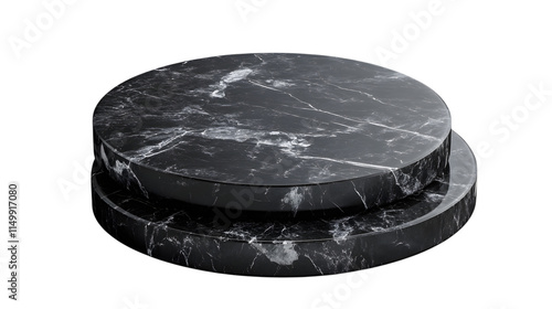 Black marble platform with tiered levels and a polished texture, ideal for luxury product displays. Isolated on transparent background