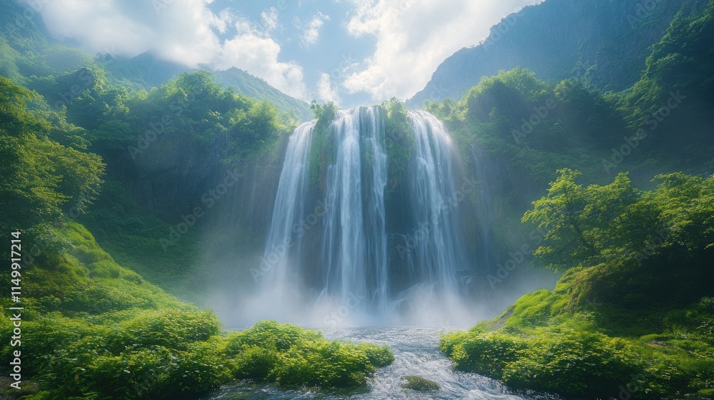 Fototapeta premium Serene waterfall cascading down lush green mountain.
