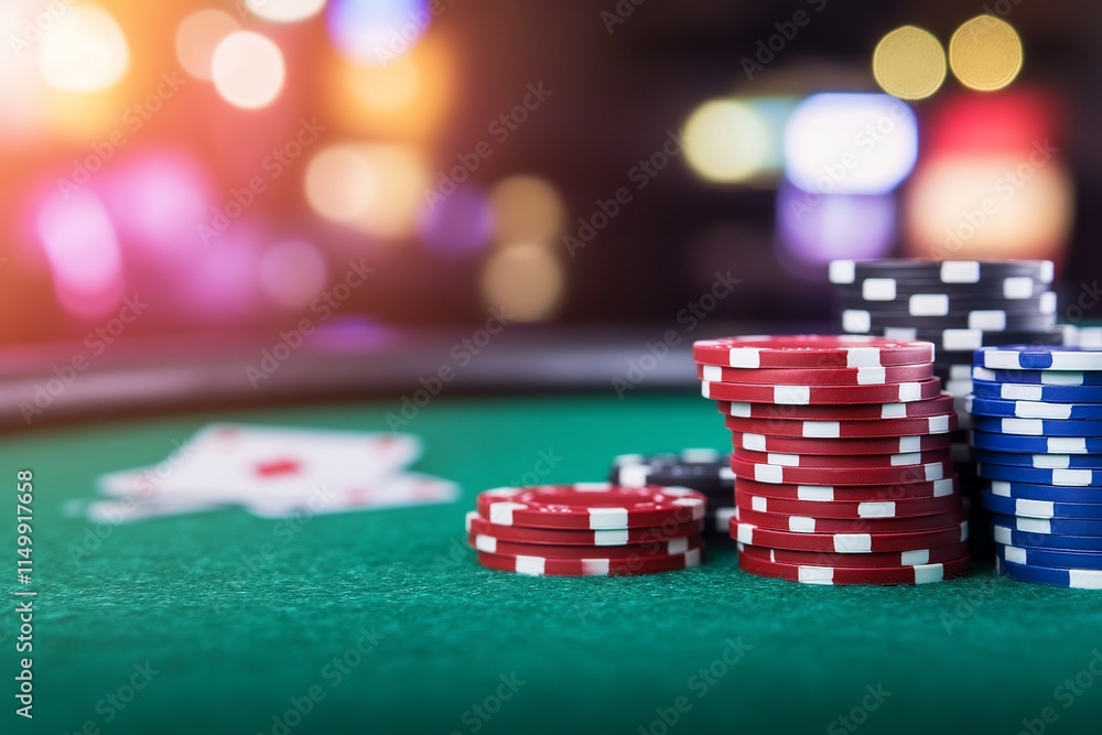 A close-up of poker chips and playing cards on a green felt table. A close-up of poker chips and playing cards on a green felt table.