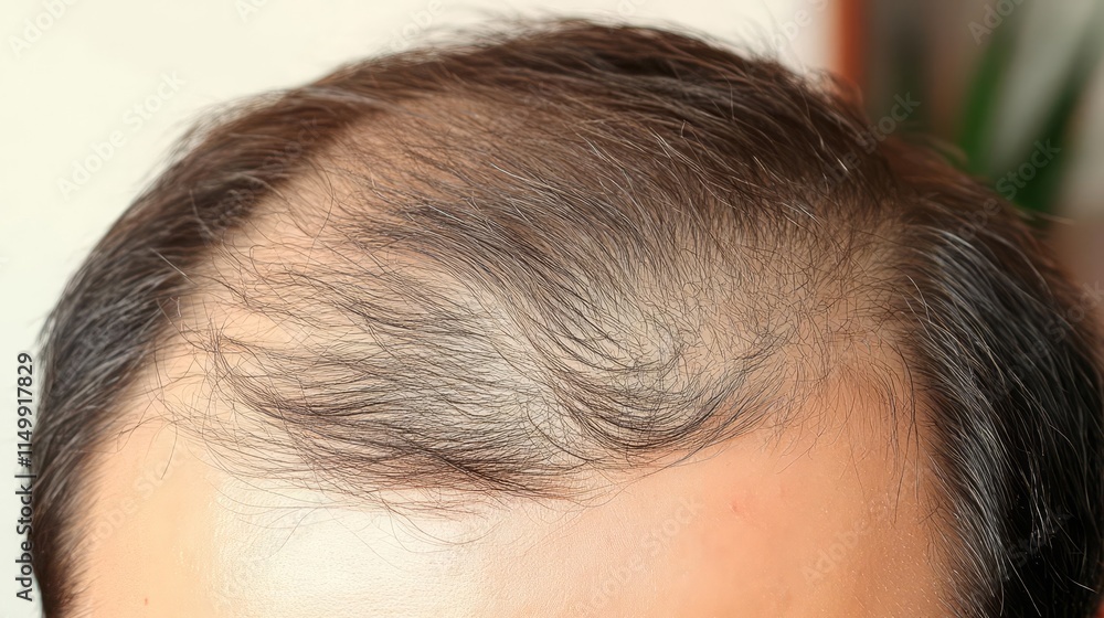Close-up front view of a man with hair loss and thinning on the crown, a candid look at the reality of hair loss. Close-up front view of a man with hair loss and thinning on the crown, a candid look at the reality of hair loss.
