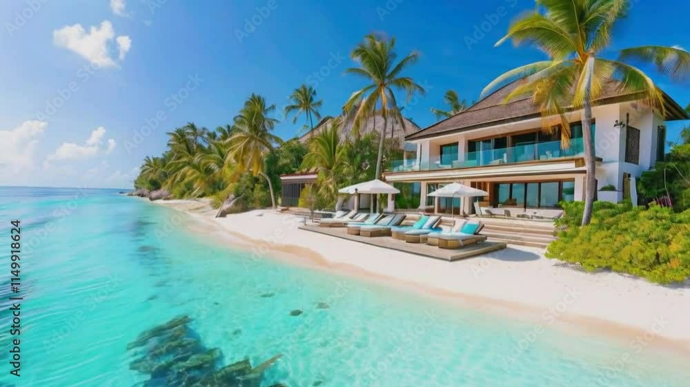 Tropical beach with a luxurious villa, palm trees, and clear turquoise waters. Tropical beach with a luxurious villa, palm trees, and clear turquoise waters.