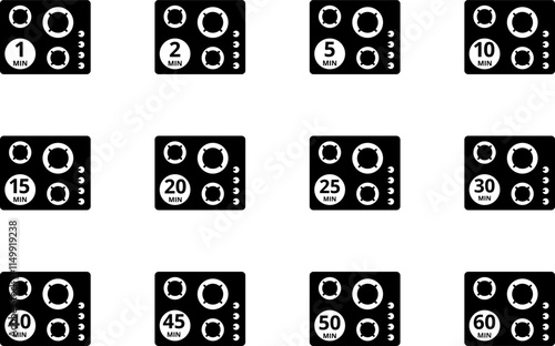 Cooking time and pot icon set. Cook for 1, 2, 5, 10, 15, 20, 25, 30, 40, 45, 50, 60 minutes vector icon. photo