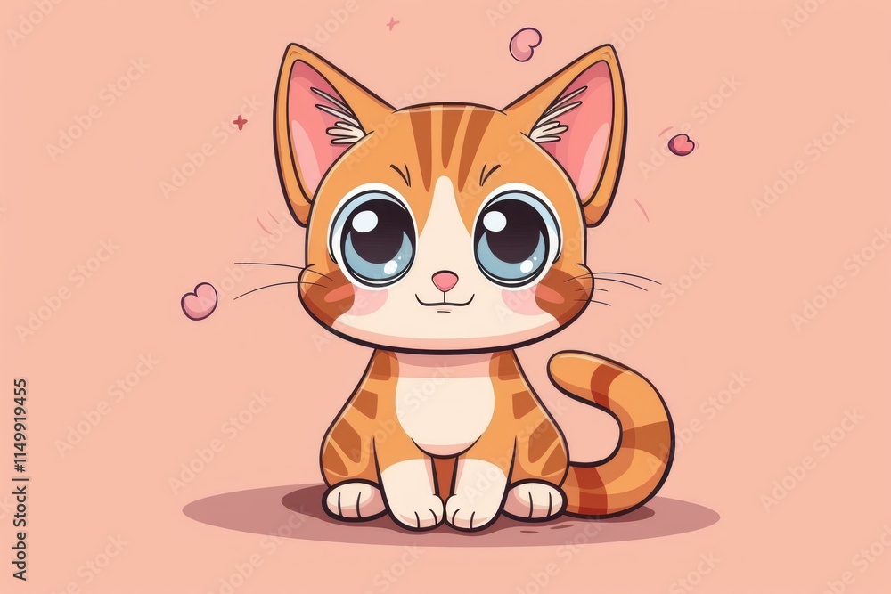 Obraz premium Adorable cartoon kitten sits contentedly amidst floating hearts, creating a heartwarming and charming scene