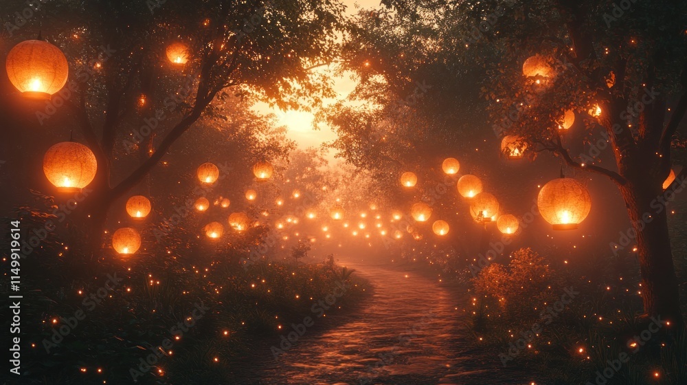 Naklejka premium Enchanted forest path, glowing lanterns, magical scene.
