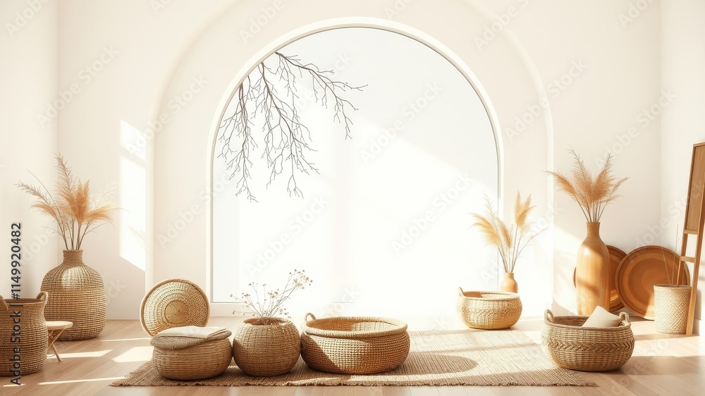 Serene Minimalist Room Decor with Woven Baskets and Natural Elements Serene Minimalist Room Decor with Woven Baskets and Natural Elements