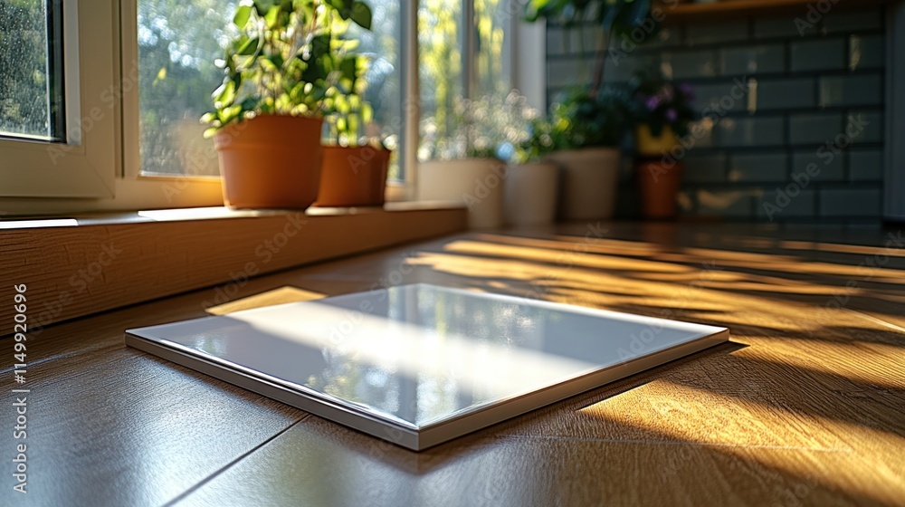 Fototapeta premium White square on wooden floor, sunlit.
