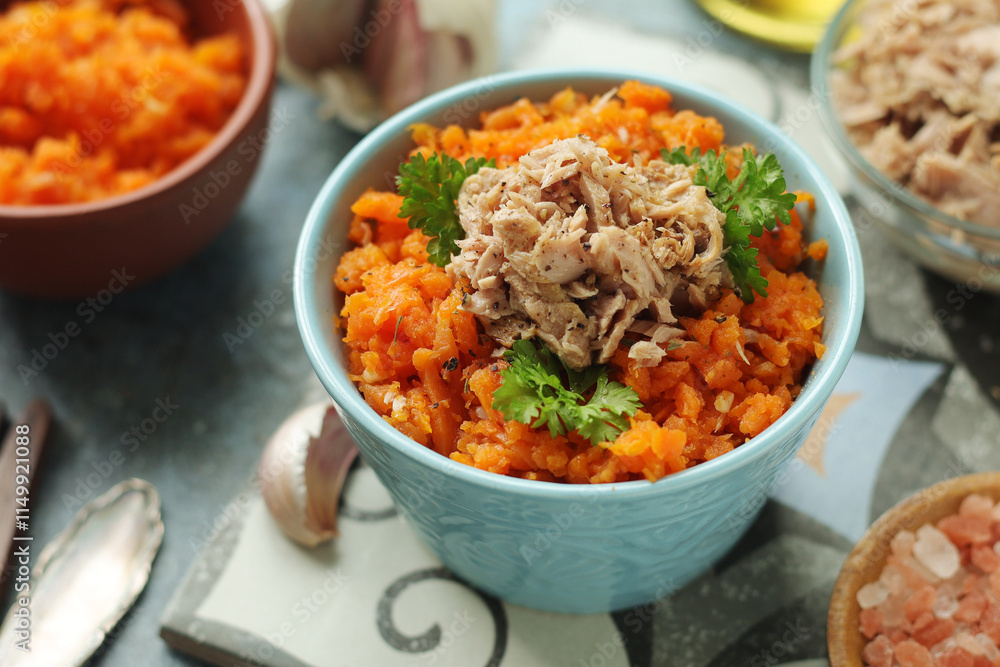 Houria, cooked carrot salad, a traditional dish of Tunisian cuisine Houria, cooked carrot salad, a traditional dish of Tunisian cuisine