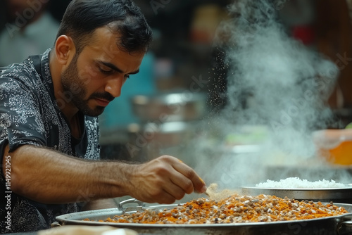 Portrait of a man standing in a professional restaurant kitchen.