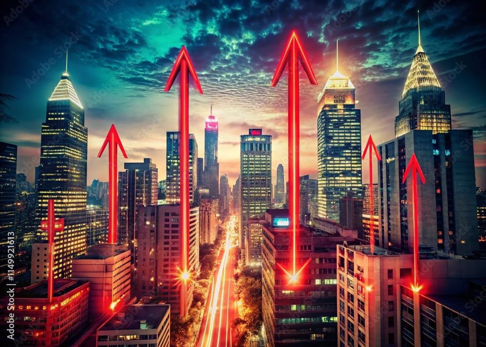 Obraz premium Vintage Cityscape: Glowing Red Arrows Ascent, Progress & Growth Stock Photo