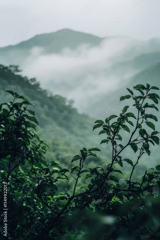 Realistic foggy forest with close-up of green leaves and dense mist Realistic foggy forest with close-up of green leaves and dense mist