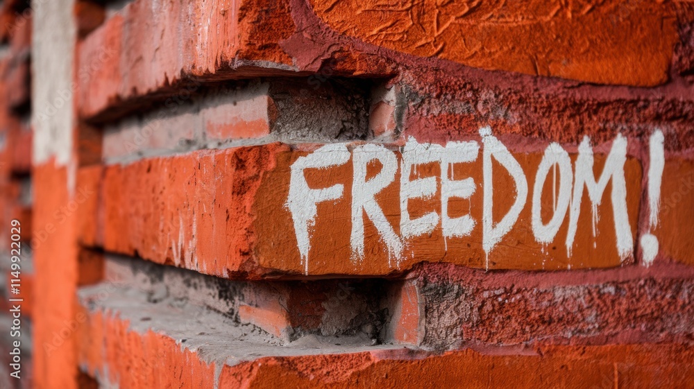 Fototapeta premium A solid brick wall of rich bright red color. The wall surface is rough and has a textured appearance. There is graffiti on the wall with the words 