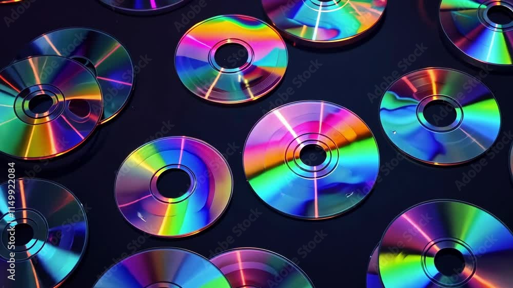 Assortment of shiny compact discs reflecting a spectrum of colors in a pattern, symbolizing data storage Assortment of shiny compact discs reflecting a spectrum of colors in a pattern, symbolizing data storage