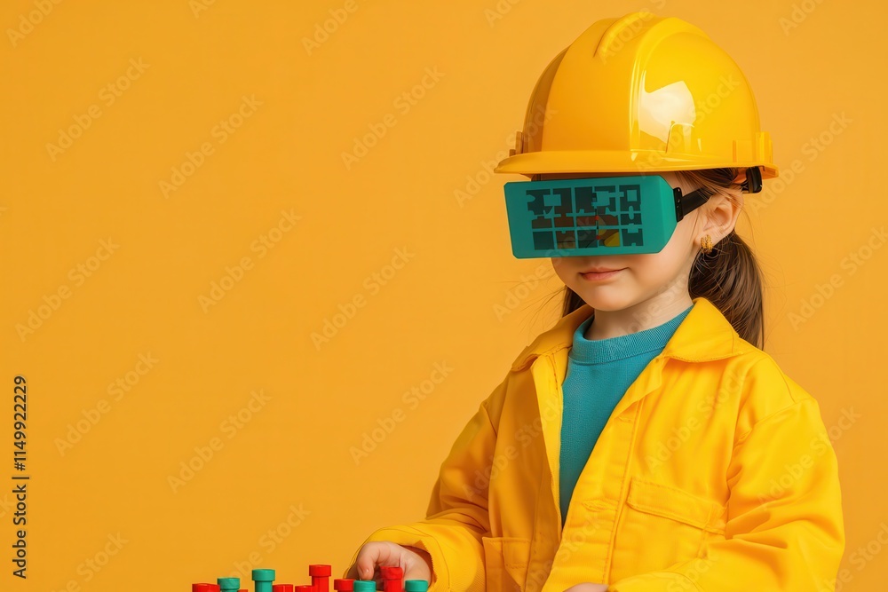 VR and AR enhance virtual education. Child in construction gear with virtual reality goggles and toy blocks. VR and AR enhance virtual education. Child in construction gear with virtual reality goggles and toy blocks.