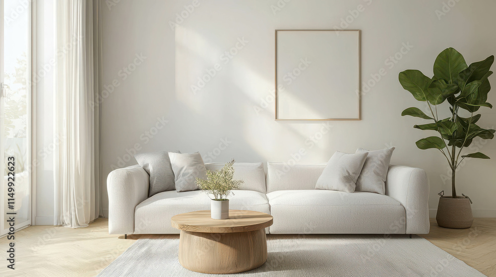 Clean and Simple Living Room with Light Gray Couch and Potted Plant Clean and Simple Living Room with Light Gray Couch and Potted Plant