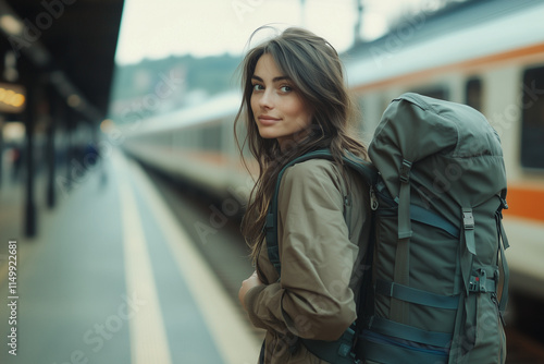 Beautiful young woman dressed colorfully and waiting for a train in a train station, carrying a backpack and preparing to leave on a holiday. photo