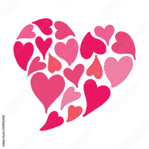 手書きのハートイラストアイコン。沢山のハートが集まって作られた大きなハート。バレンタインイメージの落書き。