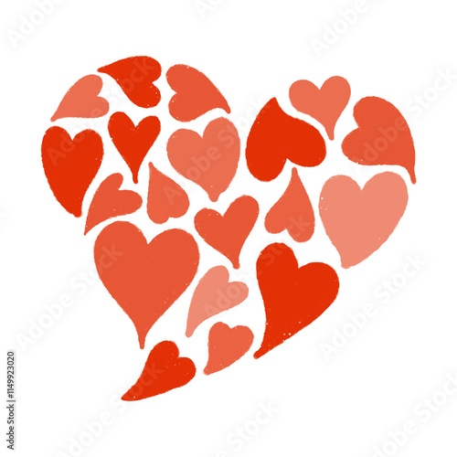 手書きのハートイラストアイコン。沢山のハートが集まって作られた大きなハート。バレンタインイメージの落書き。