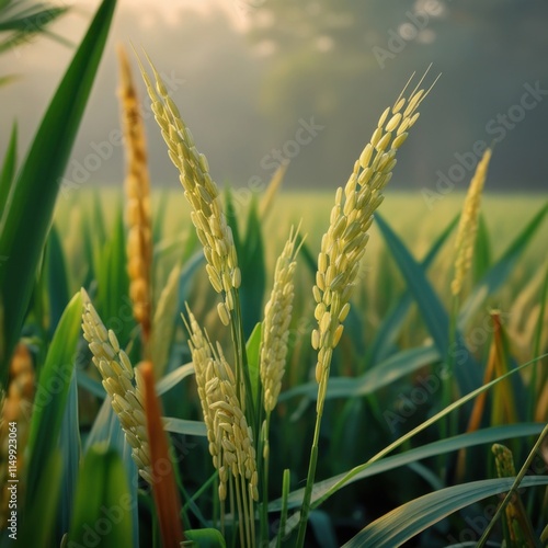 Paddy rice plant surrounded by lush green foliage  photo