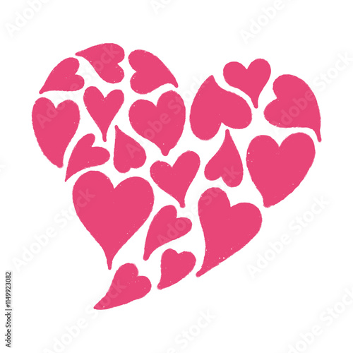 手書きのハートイラストアイコン。沢山のハートが集まって作られた大きなハート。バレンタインイメージの落書き。