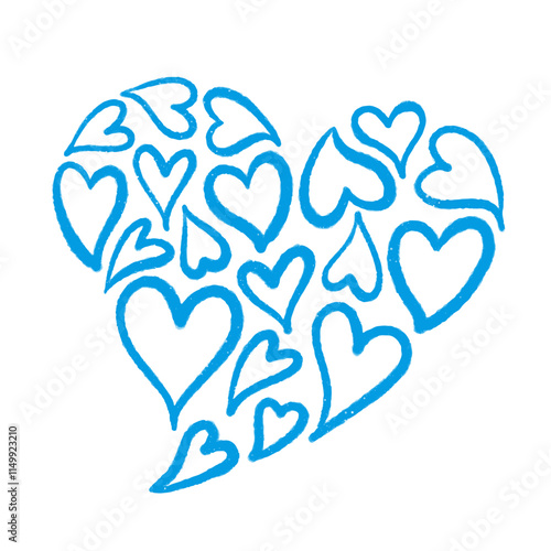 手書きのハートイラストアイコン。沢山のハートが集まって作られた大きなハート。バレンタインイメージの落書き。