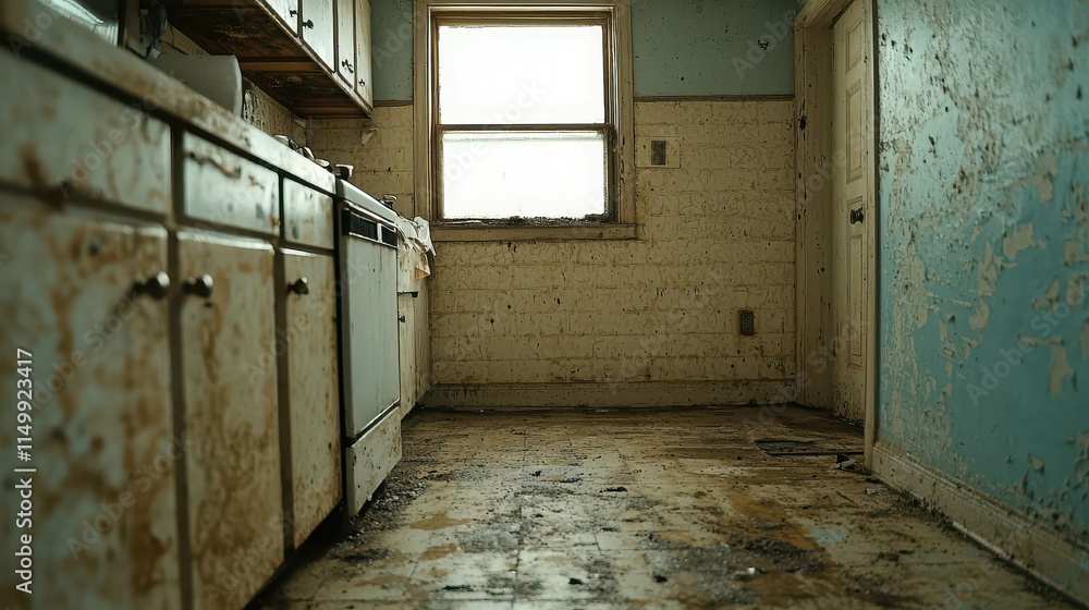 Cluttered and Dirty Kitchen in a Rundown House with Unwashed Dishes and Dust Cluttered and Dirty Kitchen in a Rundown House with Unwashed Dishes and Dust