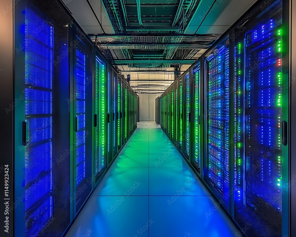 A Sleek Modern Data Center with Rows of Servers Lit in Blue and Green Lights A Sleek Modern Data Center with Rows of Servers Lit in Blue and Green Lights