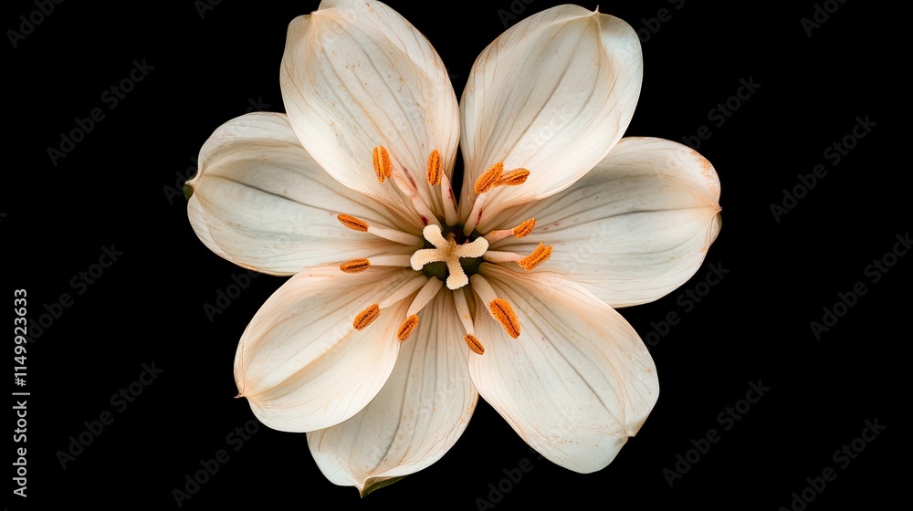 Fototapeta premium Close-up of a creamy-white flower with orange center, isolated on black background.