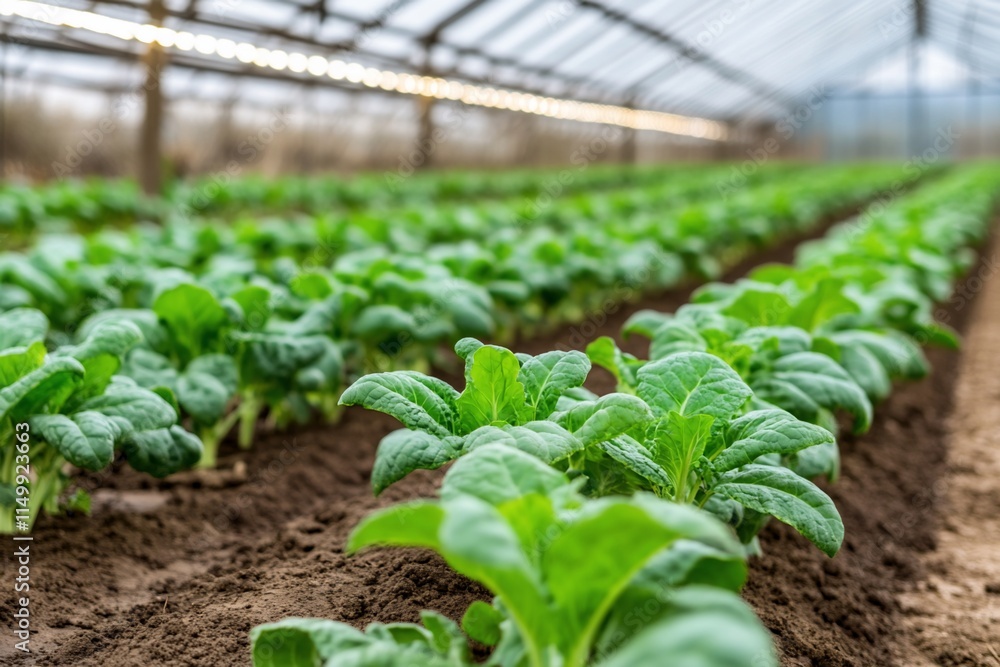 A greenhouse filled with rows of healthy green plants. A greenhouse filled with rows of healthy green plants.