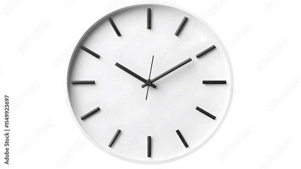 Minimalist white wall clock with simple black hands and raised markers, perfect for contemporary interiors. Isolated on transparent background