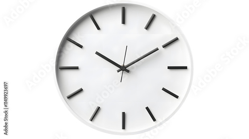 Minimalist white wall clock with simple black hands and raised markers, perfect for contemporary interiors. Isolated on transparent background