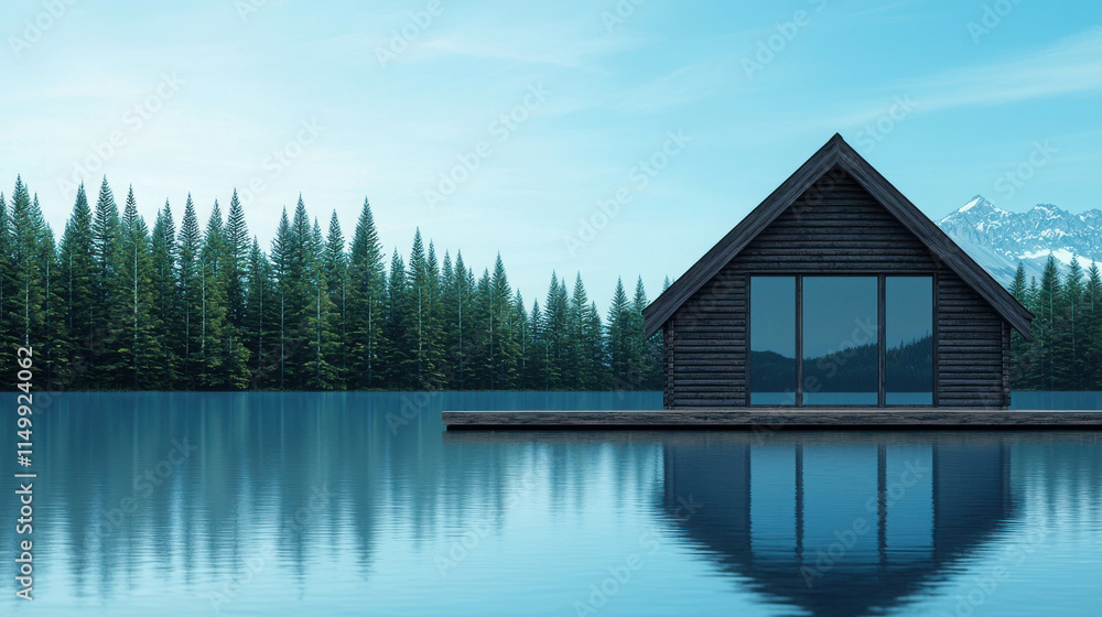 Cozy Lakeside Cabin with Large Windows Reflecting on Calm Water Cozy Lakeside Cabin with Large Windows Reflecting on Calm Water
