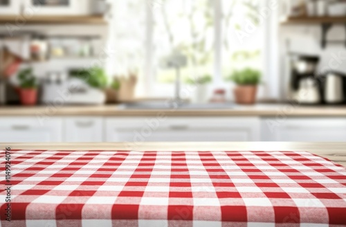 Red checkered tablecloth on wooden kitchen table. (5)