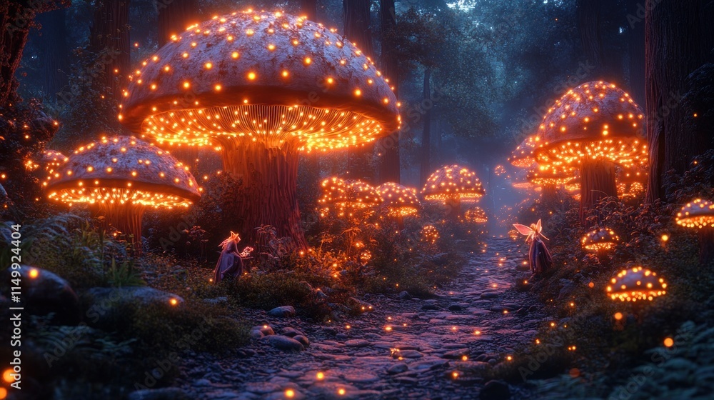 Luminous mushrooms illuminate enchanted forest path. Luminous mushrooms illuminate enchanted forest path.