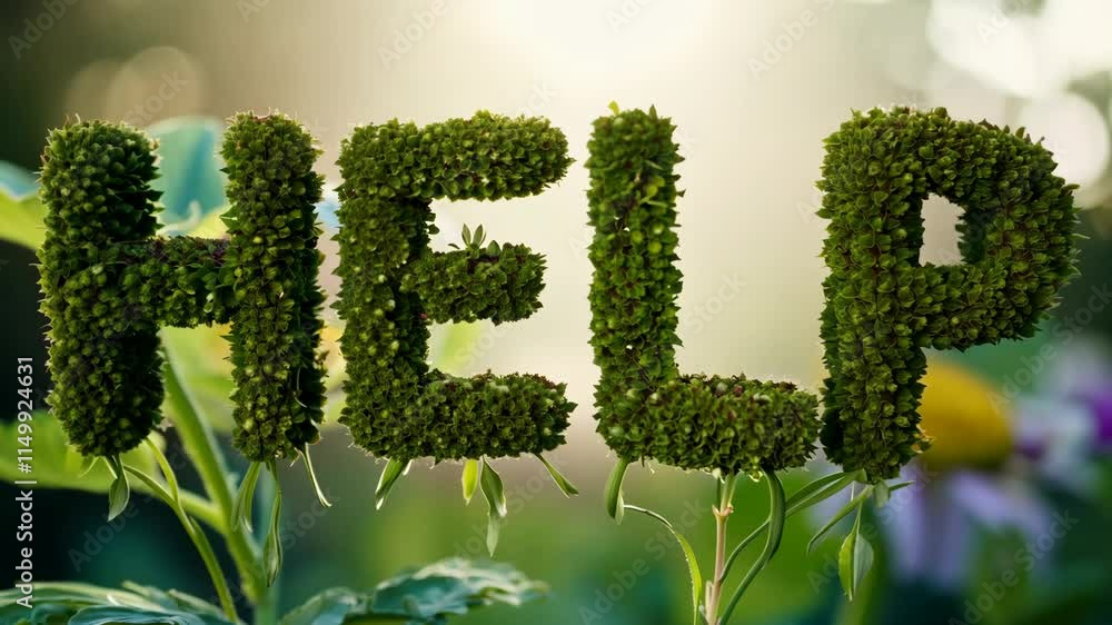 The word help is written in a unique way using plants. The letters are made out of green leaves and stems The word help is written in a unique way using plants. The letters are made out of green leaves and stems