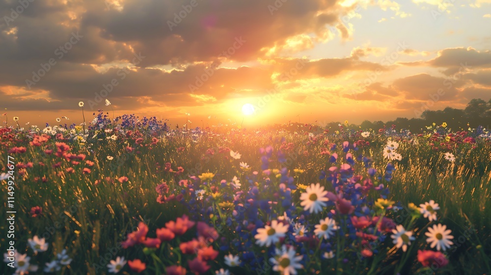 Fototapeta premium Sun setting over a field of blooming wildflowers in a meadow.