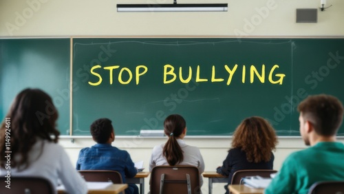 Classroom scene with students looking at a chalkboard that reads 