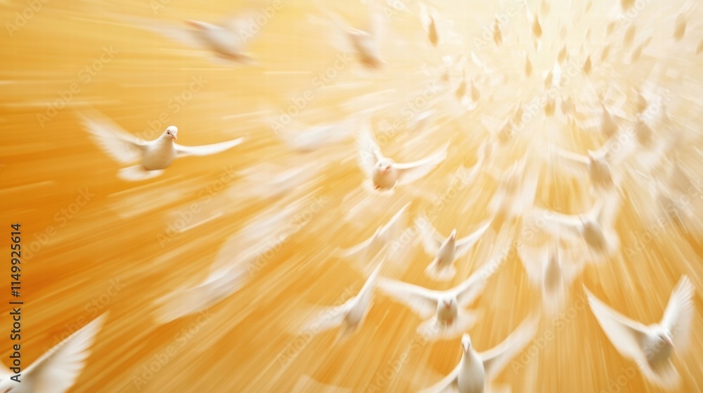 Obraz premium Flock of Glowing White Doves Flying into a Golden Horizon Under Bright Light