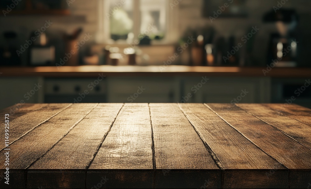 Rustic wooden table in blurred kitchen background. Rustic wooden table in blurred kitchen background.