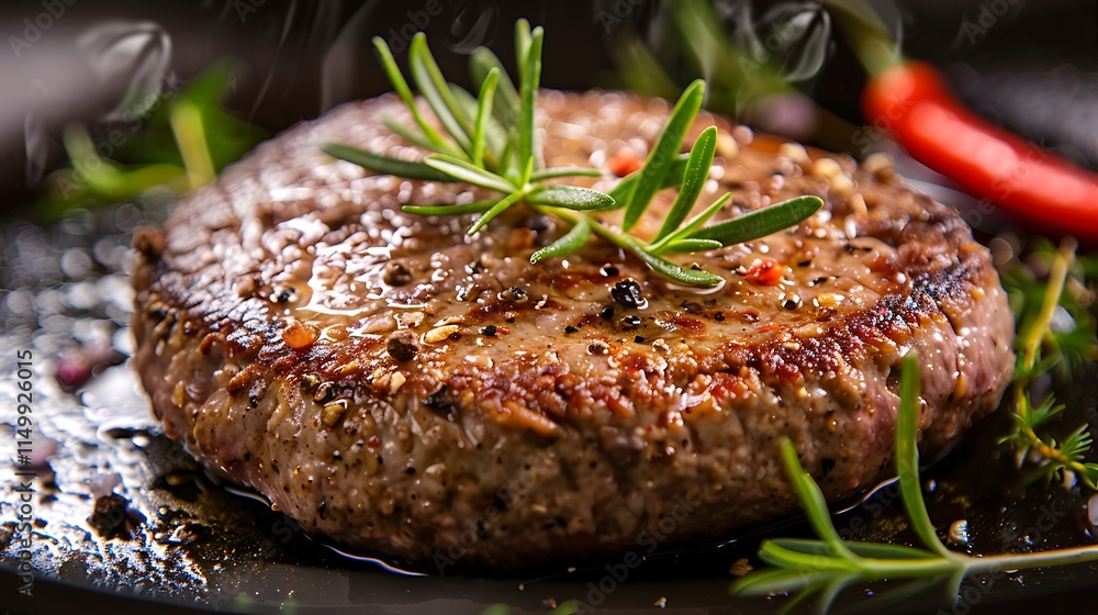 A copy space visual of a succulent hamburger steak cooked on a skillet A copy space visual of a succulent hamburger steak cooked on a skillet