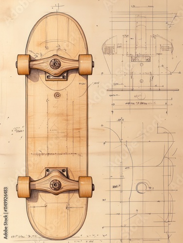 Vintage Skateboard Blueprint with Technical Sketch Details