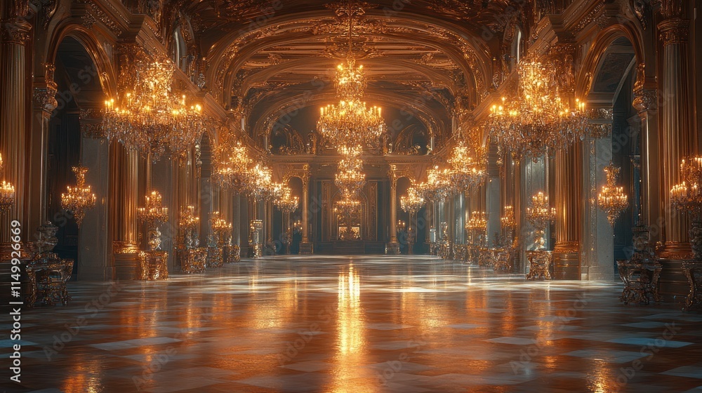 Obraz premium Grand hall, gold, chandeliers, opulent, palace.