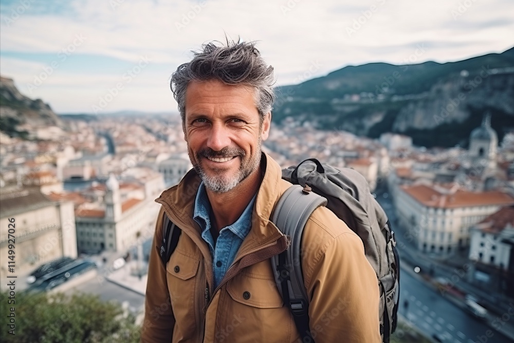 Portrait of a smiling man with a backpack on the background of the city Portrait of a smiling man with a backpack on the background of the city