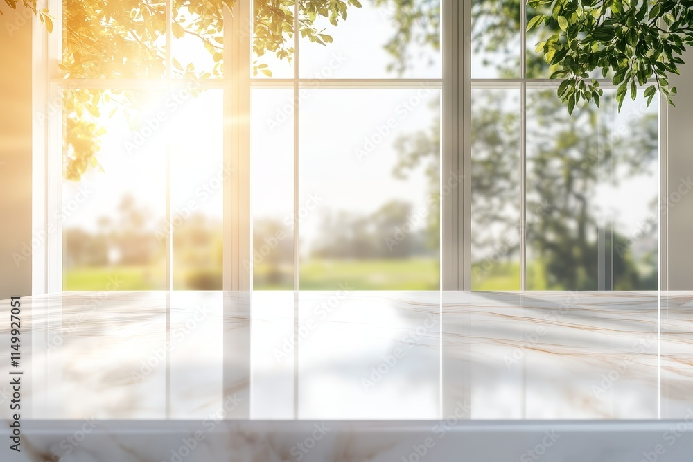 Fototapeta premium Sunlit marble table by window with green nature view.