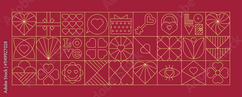 Horisontal geometric background VALENITINE'S DAY in line style. Minimalistic icons of hearts, flowers, word love. Editable golden stroke. Fashionable vector design for banners, posters,cards,packaging
