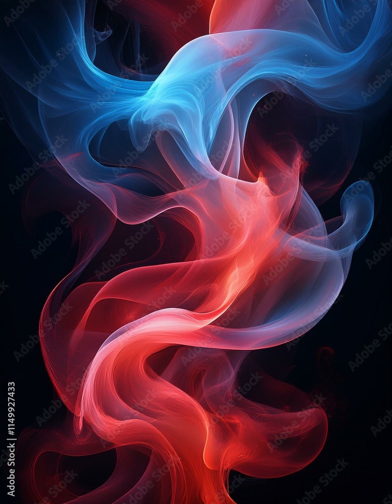 Fototapeta premium Generated image Swirling red and blue smoke blending against a black backdrop