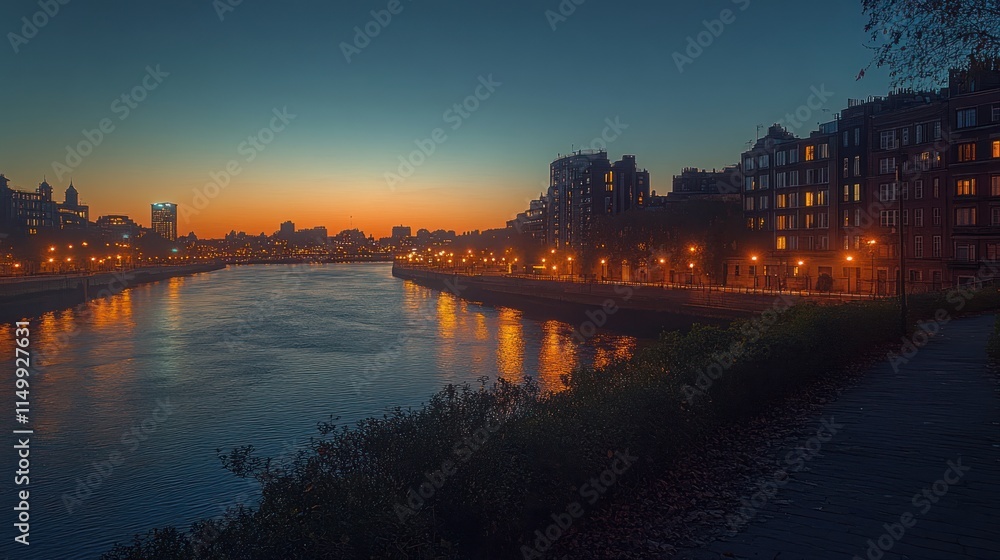 Naklejka premium Cityscape, river, sunset, lights, buildings.
