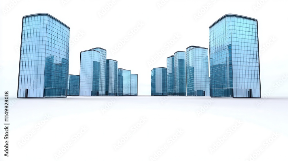 A modern cityscape featuring sleek, glass buildings arranged symmetrically against a minimalist white background. A modern cityscape featuring sleek, glass buildings arranged symmetrically against a minimalist white background.