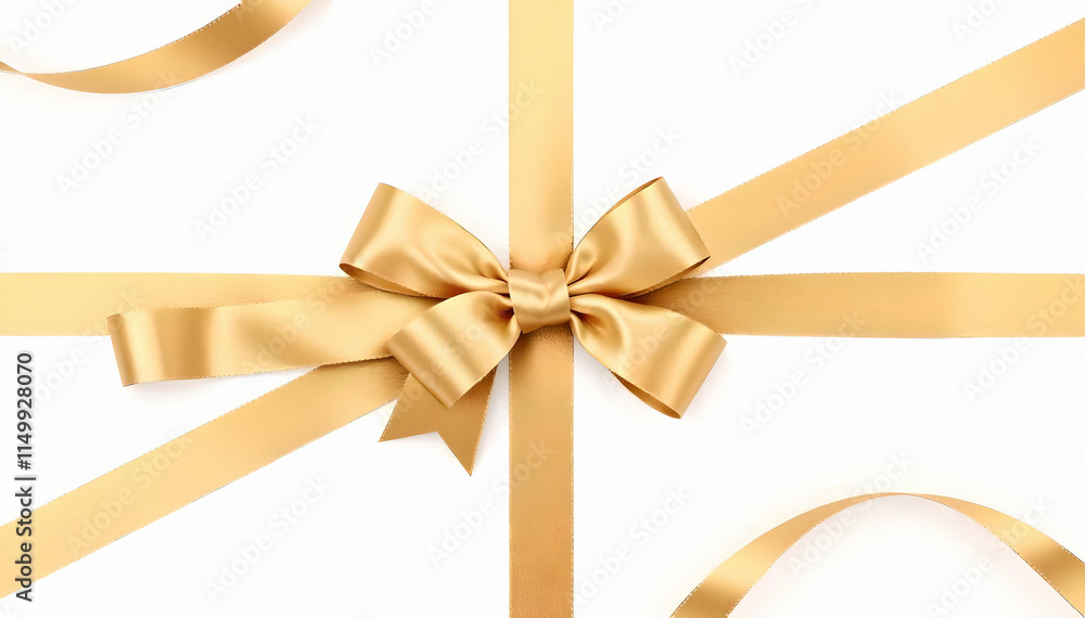 Golden yellow glossy satin gift ribbon and bow on white background. Ideal for celebration themes, promotional graphics with vibrant contrast, for black friday, for banners and more. Top view. Golden yellow glossy satin gift ribbon and bow on white background. Ideal for celebration themes, promotional graphics with vibrant contrast, for black friday, for banners and more. Top view.