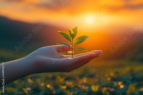 Hand gently cradles a young vibrant green plant at sunset photo