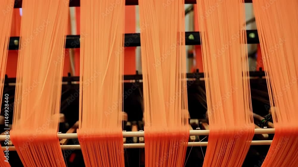 Arrays of bobbins filled with various colored threads set up above an automated weaving system with the threads cascading down into the machine.